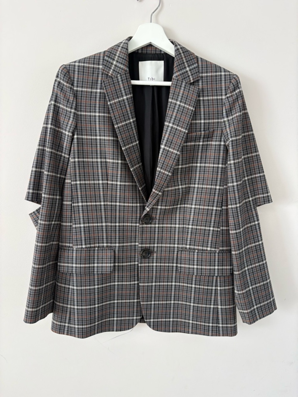 Tibi Marlon Tropical Wool Glen Plaid Blazer Cut Out Sleeve